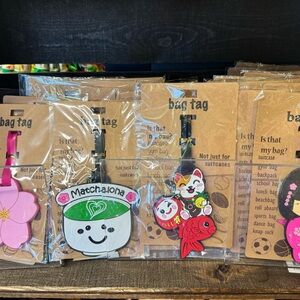 Cute Matcha & Lucky Cat Luggage Tags – White, Green, Red